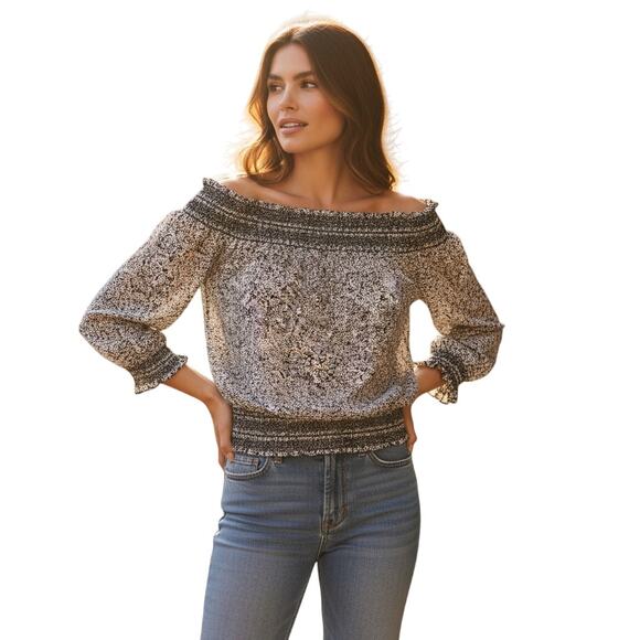 Michael Kors Navy & White Off‑Shoulder Top XL – Smocked Waist, 3/4 Sleeves, EUC - Picture 2 of 7